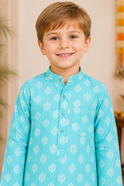 Boys Sky Blue Cotton Block Print Kurta Dhoti Set - Nakh Clothing