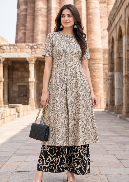 Beige Worli Print A-Line Kurta with Culottes Palazzo Co-ord Set