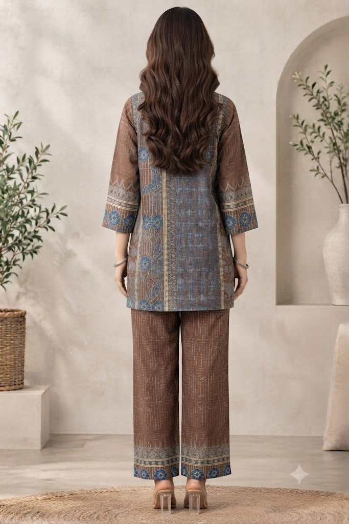 Coffee Natural Crepe Stylish Co-ord Set with Printed Kurta & Palazzo
