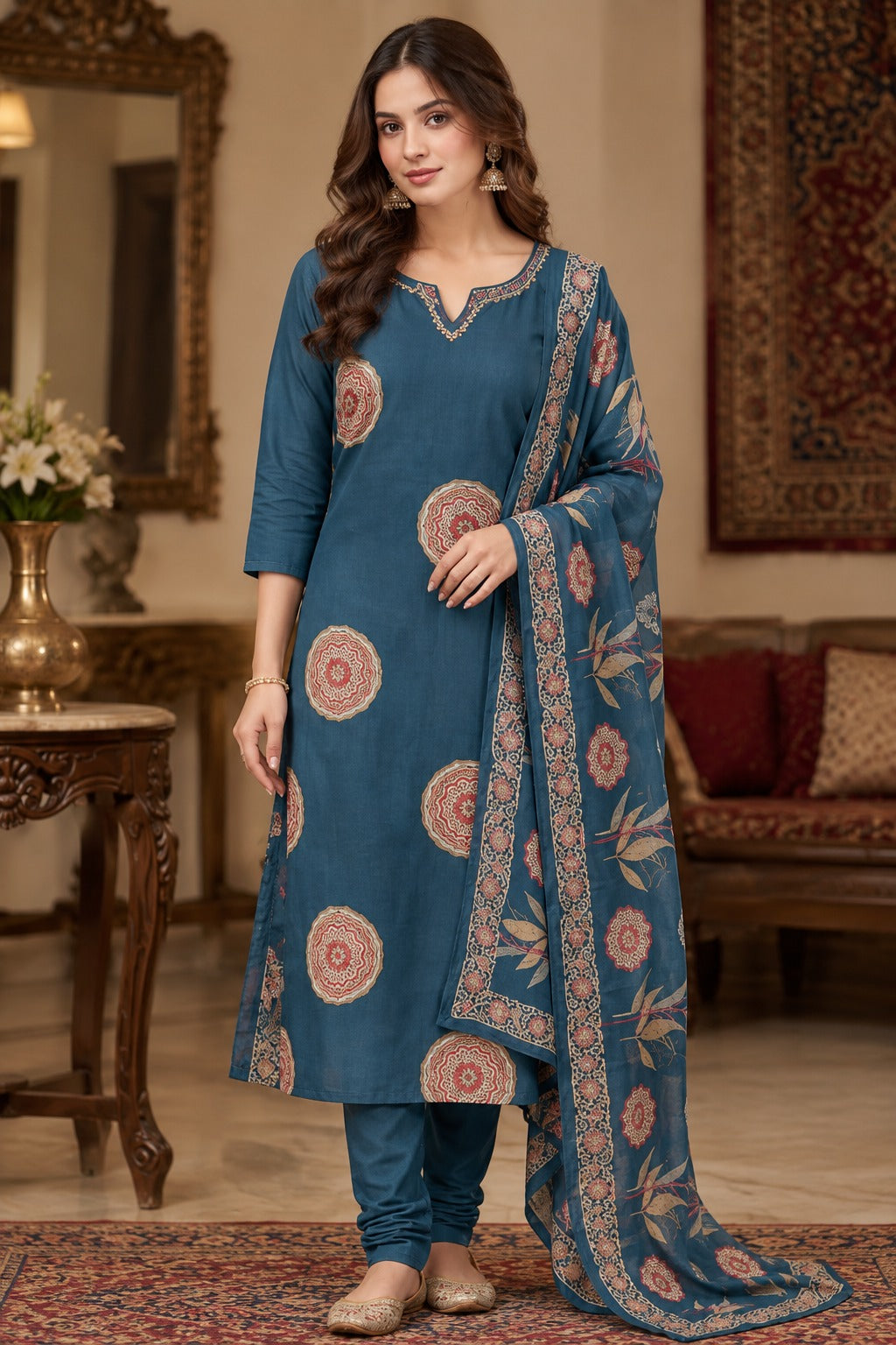 Embroidered Cotton Straight Kurta Set with Medallion Print & Dupatta