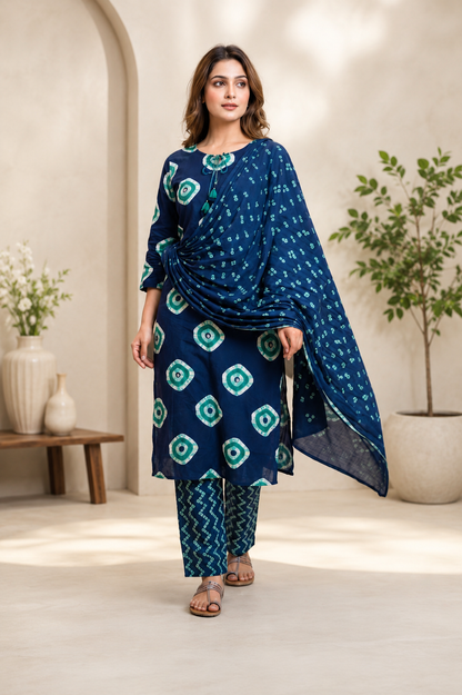 Navy Blue Printed Cotton Suit Set with Bandhani Dupatta | Women's Ethnic Wear