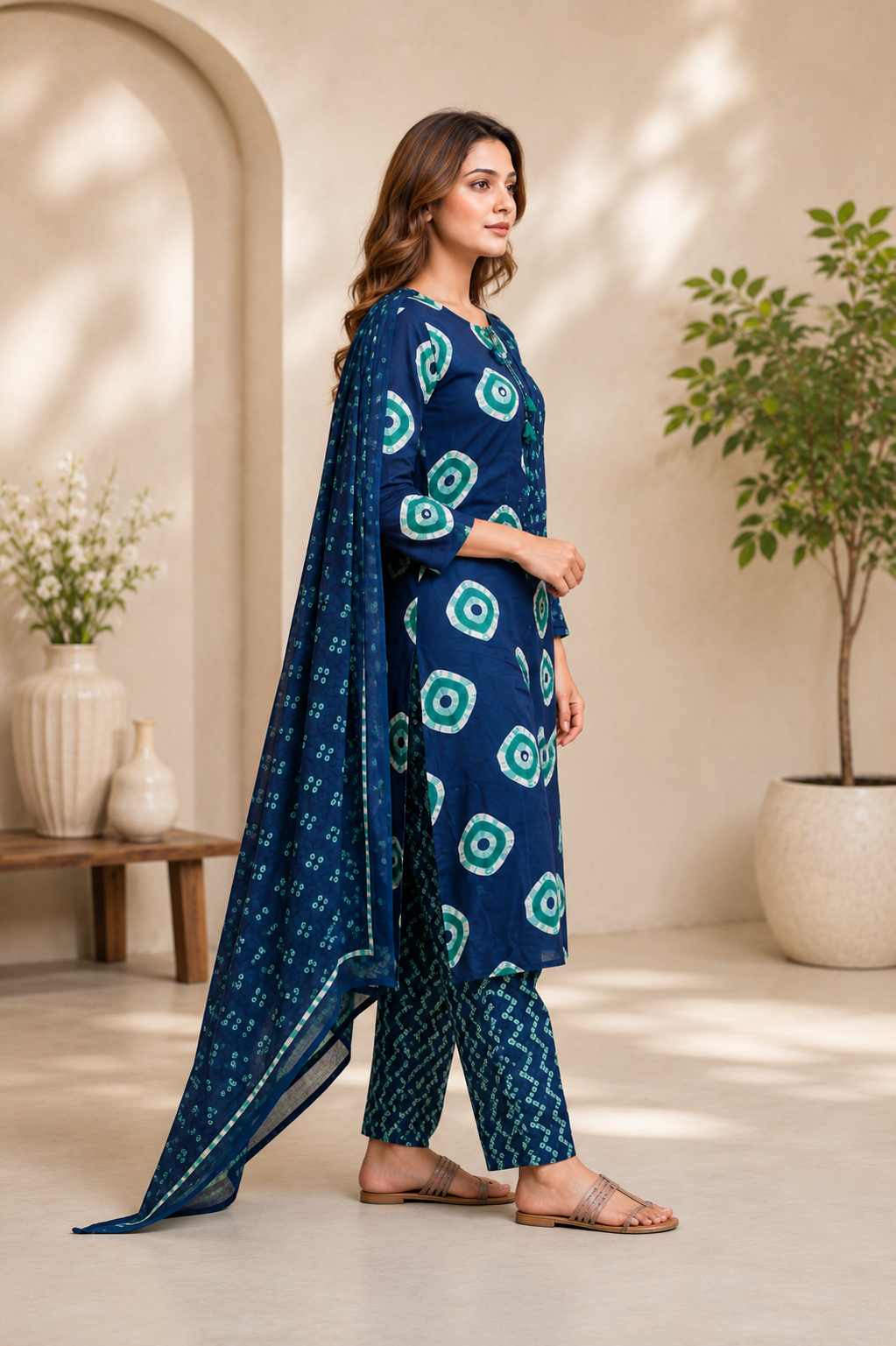 Navy Blue Printed Cotton Suit Set with Bandhani Dupatta | Women's Ethnic Wear