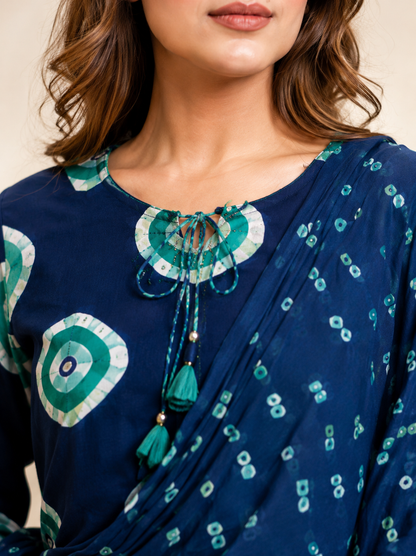 Navy Blue Printed Cotton Suit Set with Bandhani Dupatta | Women's Ethnic Wear