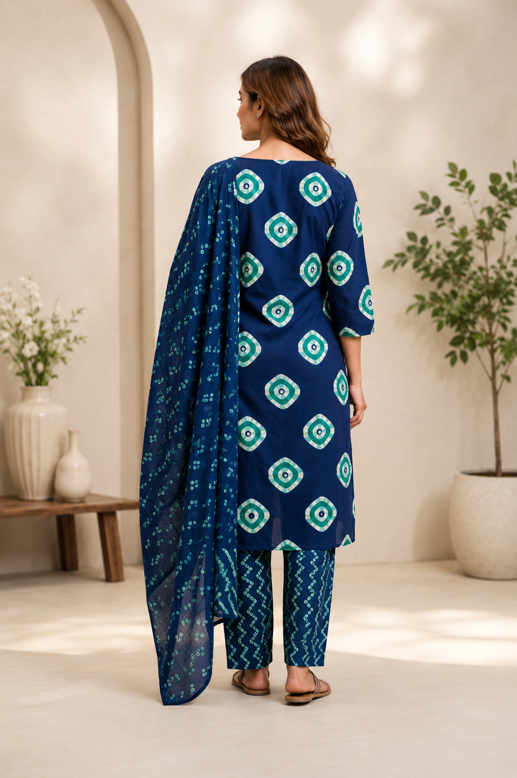 Navy Blue Printed Cotton Suit Set with Bandhani Dupatta | Women's Ethnic Wear