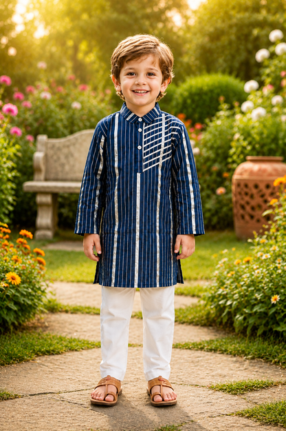 Boys Navy Blue Pure Cotton Kurta Pyjama Set with Gota Work