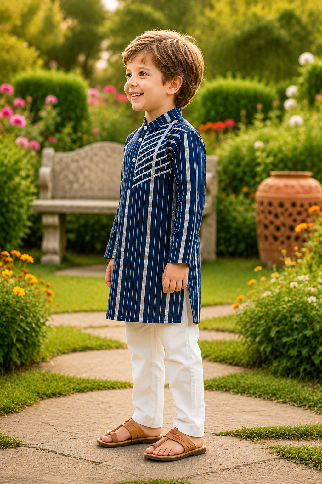 Boys Navy Blue Pure Cotton Kurta Pyjama Set with Gota Work