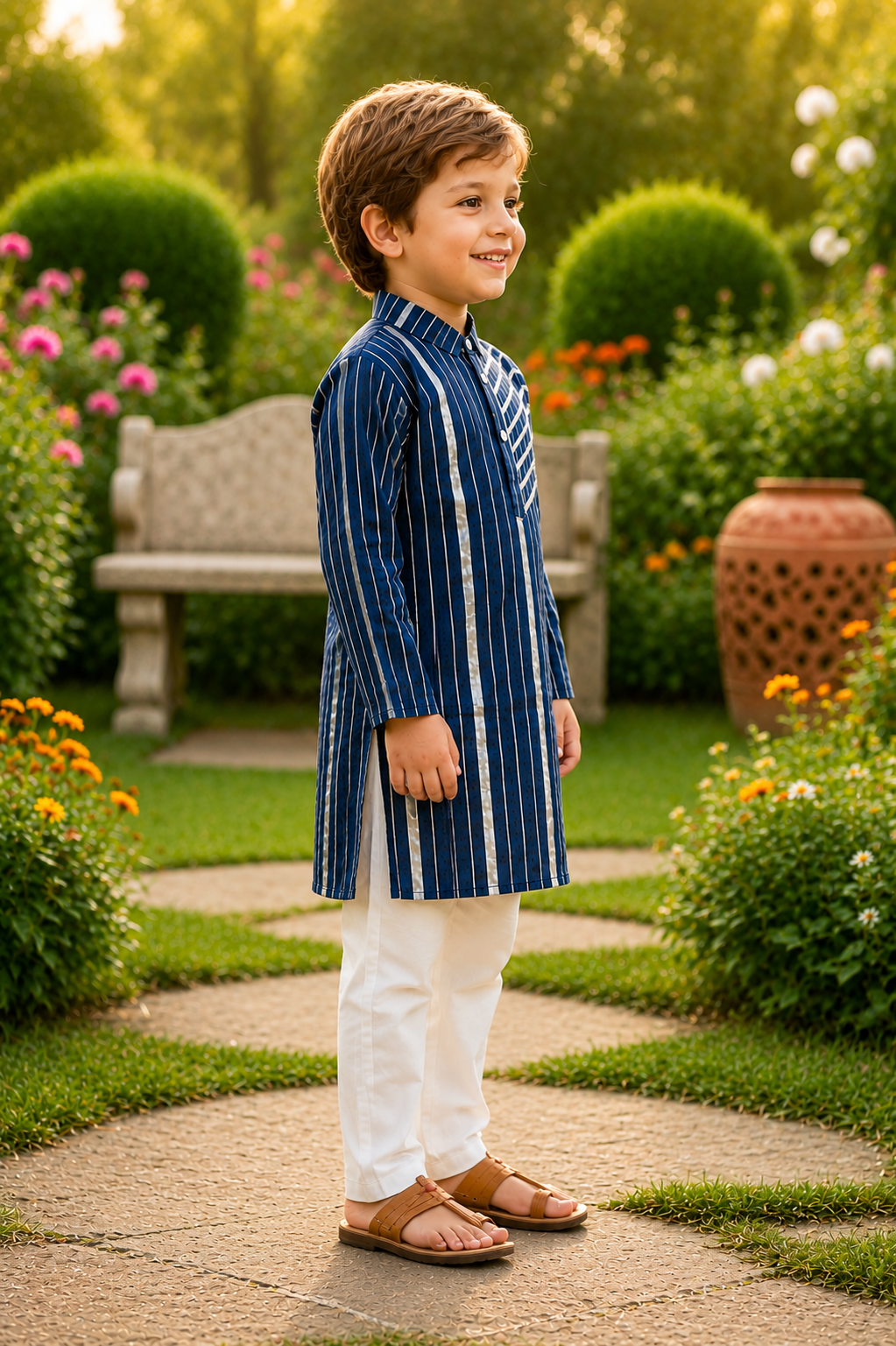 Boys Navy Blue Pure Cotton Kurta Pyjama Set with Gota Work