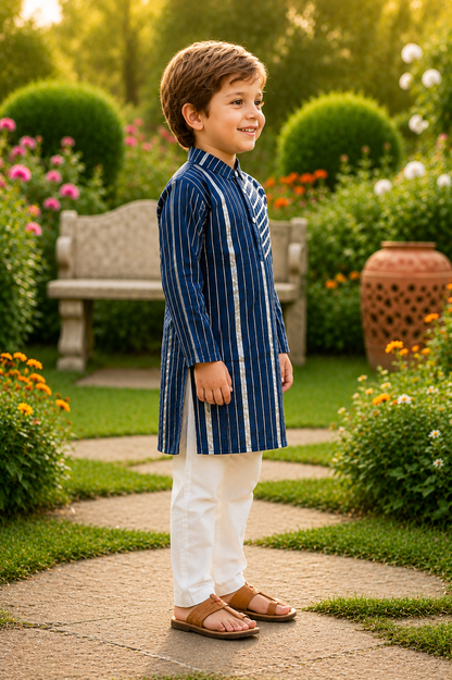 Boys Navy Blue Pure Cotton Kurta Pyjama Set with Gota Work