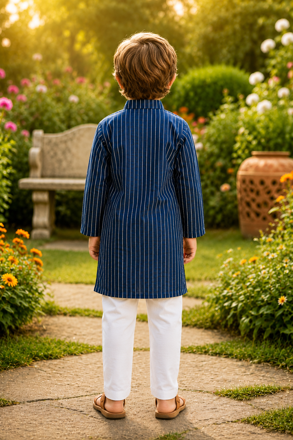 Boys Navy Blue Pure Cotton Kurta Pyjama Set with Gota Work
