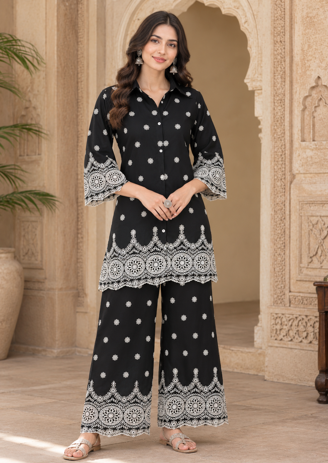 Black Chikankari Cotton Co-Ord Set | Embroidered Shirt & Palazzo