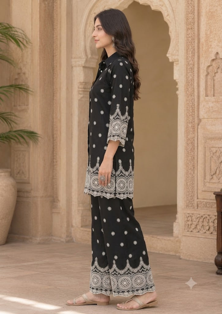 Black Chikankari Cotton Co-Ord Set | Embroidered Shirt & Palazzo