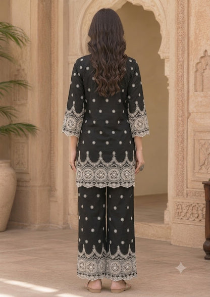 Black Chikankari Cotton Co-Ord Set | Embroidered Shirt & Palazzo