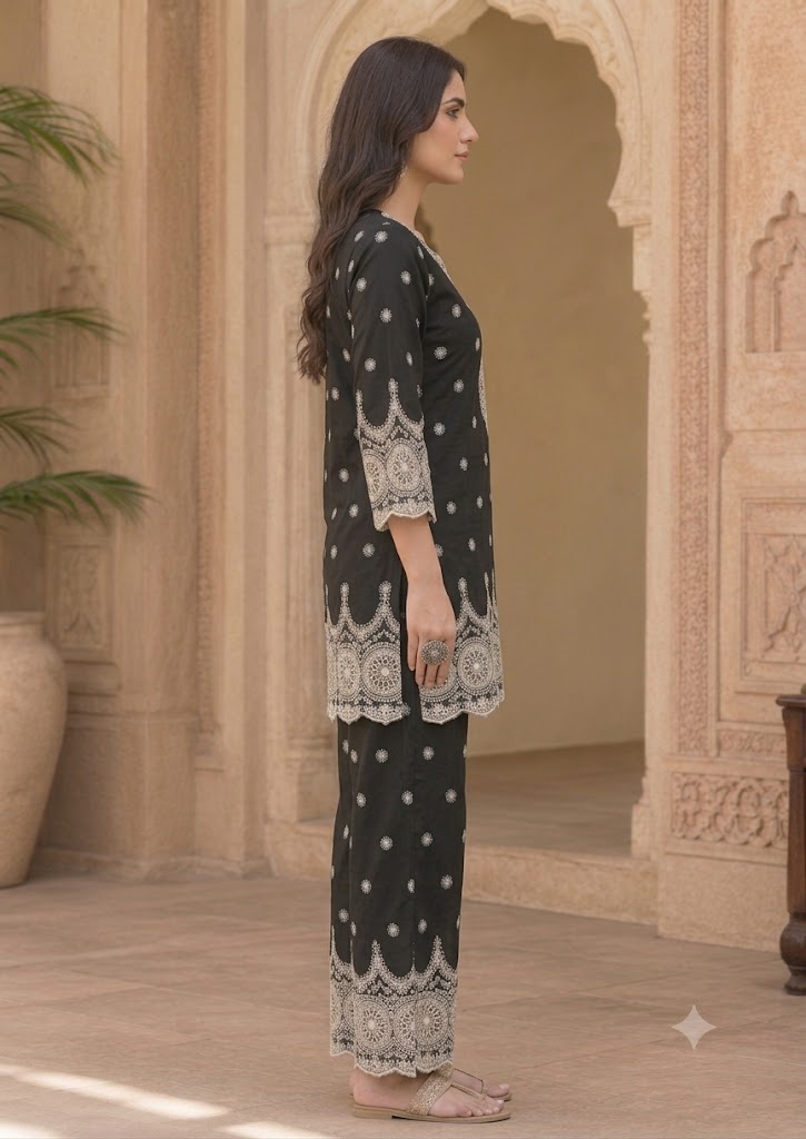 Black Chikankari Cotton Co-Ord Set | Embroidered Shirt & Palazzo