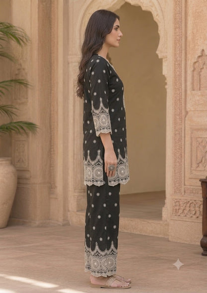 Black Chikankari Cotton Co-Ord Set | Embroidered Shirt & Palazzo