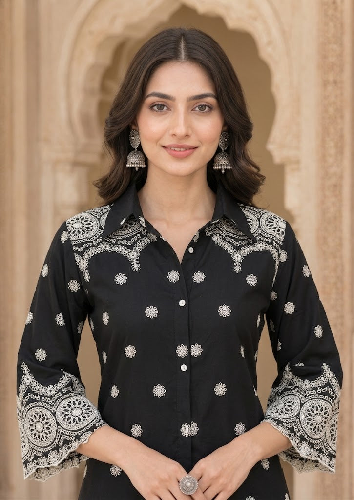 Black Chikankari Cotton Co-Ord Set | Embroidered Shirt & Palazzo