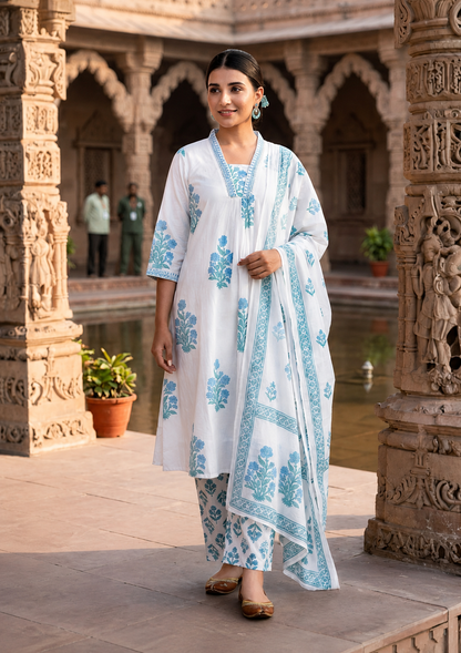 Premium Cotton A-Line Kurta Pants Set with Dupatta. - Nakh Clothing