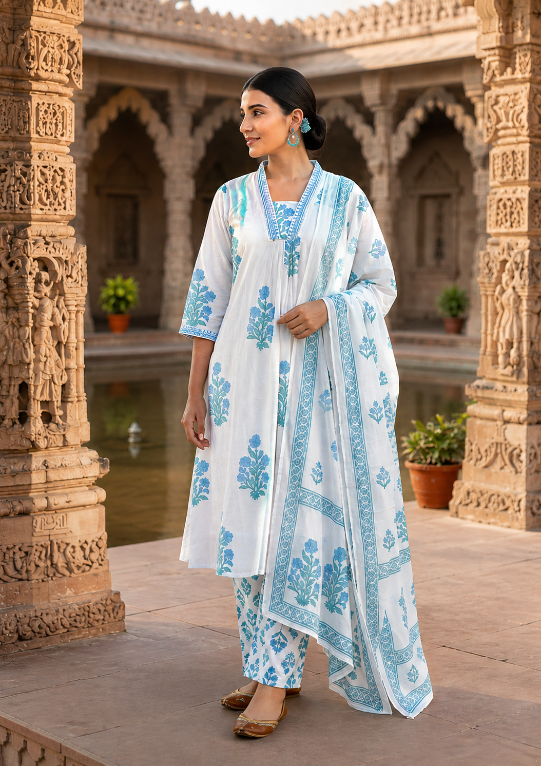 Premium Cotton A-Line Kurta Pants Set with Dupatta. - Nakh Clothing