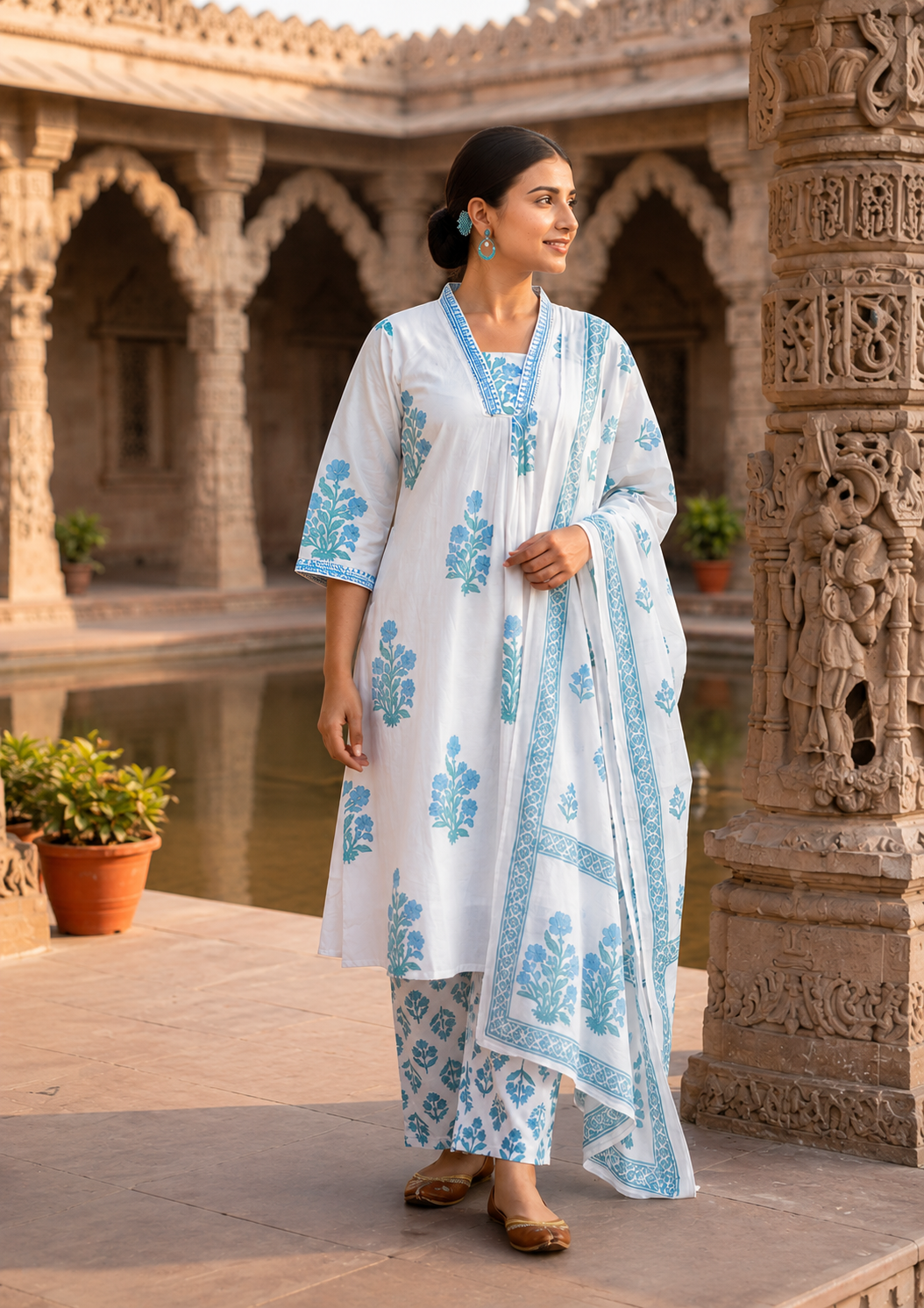 Premium Cotton A-Line Kurta Pants Set with Dupatta. - Nakh Clothing