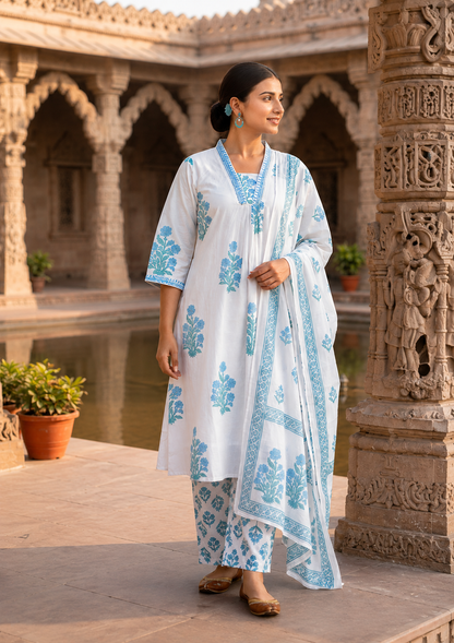 Premium Cotton A-Line Kurta Pants Set with Dupatta. - Nakh Clothing