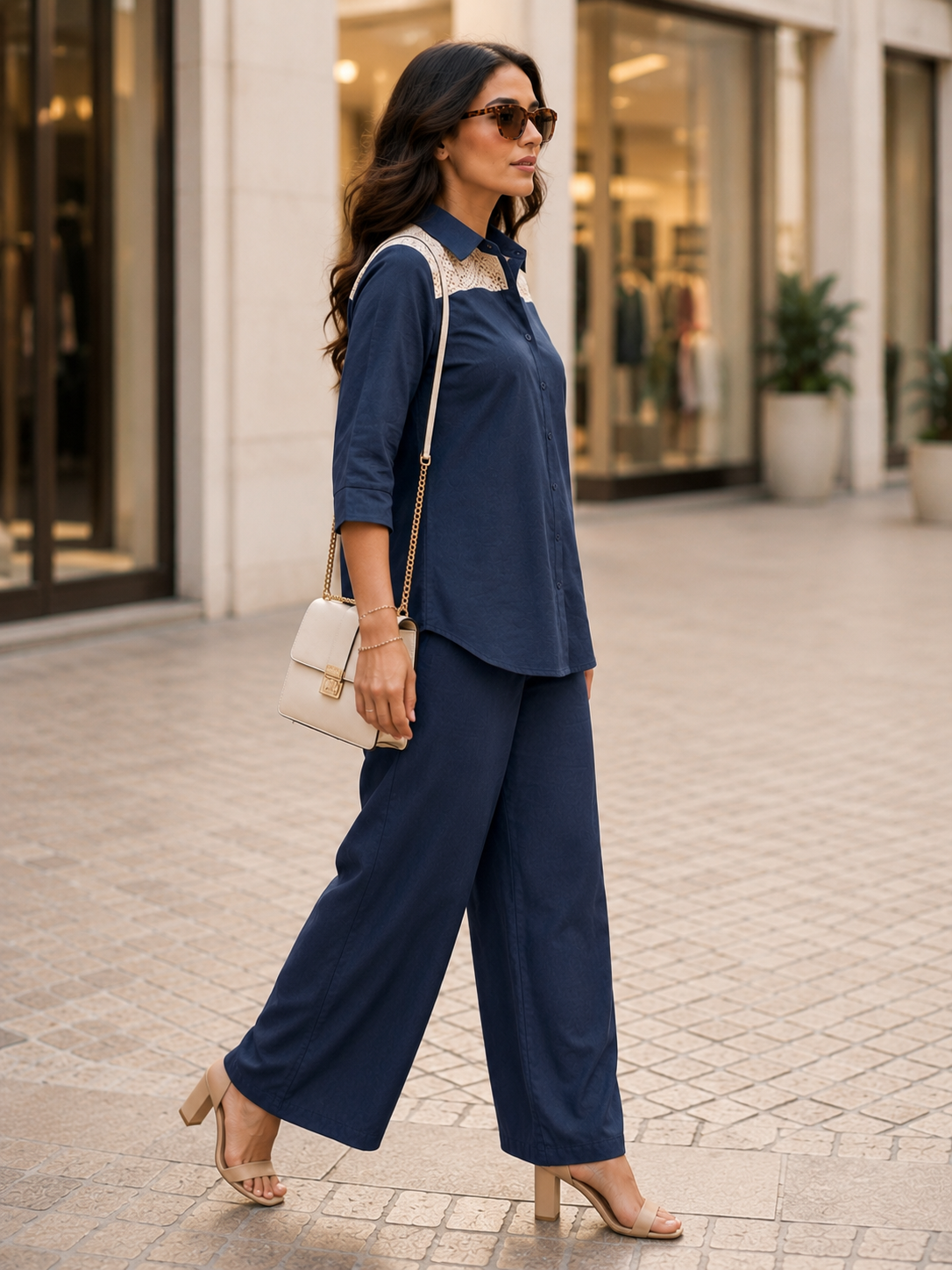 Women's Blue Cotton Flex Co-Ord Set with Crochet Lace Detail