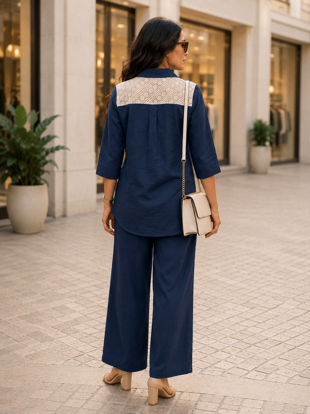Women's Blue Cotton Flex Co-Ord Set with Crochet Lace Detail