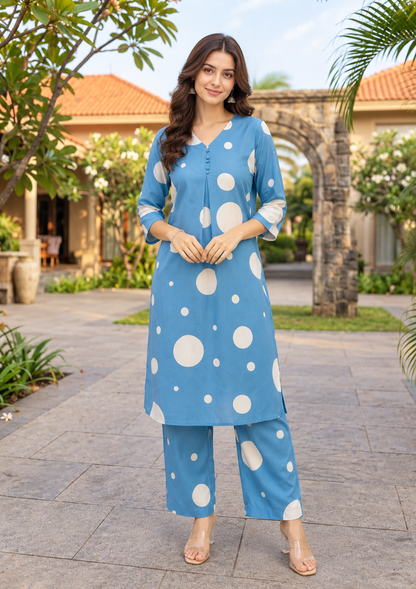 Blue Polka Dot Print Kurti Pant Set for Women | Russian Silk Co-ord Set with Pocket |