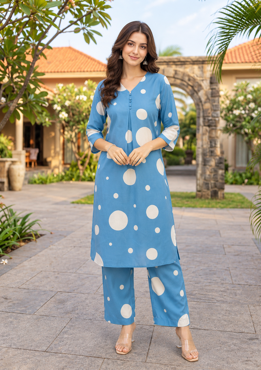 Blue Polka Dot Print Kurti Pant Set for Women | Russian Silk Co-ord Set with Pocket |