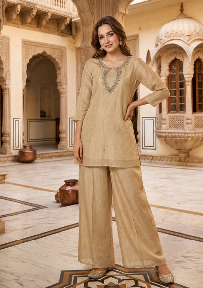 Beige Embroidered Kurti with Palazzo Pants – Co-Ord Set, Salsa Crush Tissue Fabric.