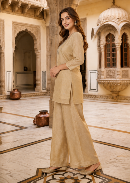 Beige Embroidered Kurti with Palazzo Pants – Co-Ord Set, Salsa Crush Tissue Fabric.