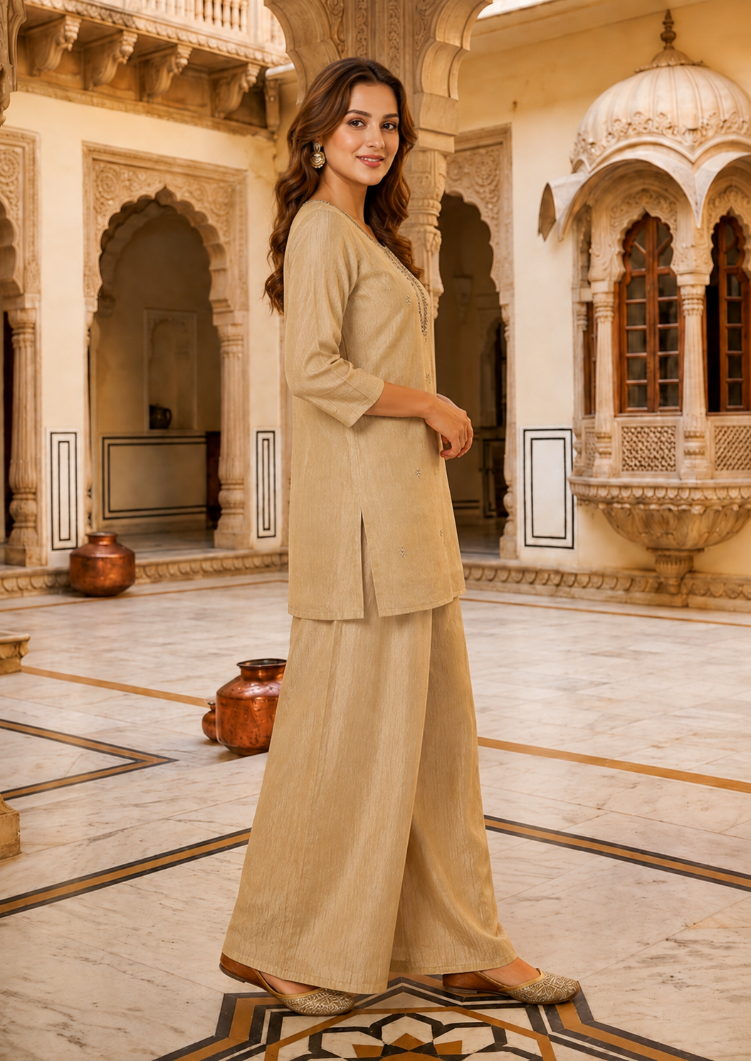 Beige Embroidered Kurti with Palazzo Pants – Co-Ord Set, Salsa Crush Tissue Fabric.