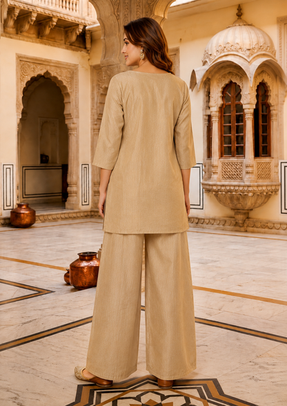 Beige Embroidered Kurti with Palazzo Pants – Co-Ord Set, Salsa Crush Tissue Fabric.