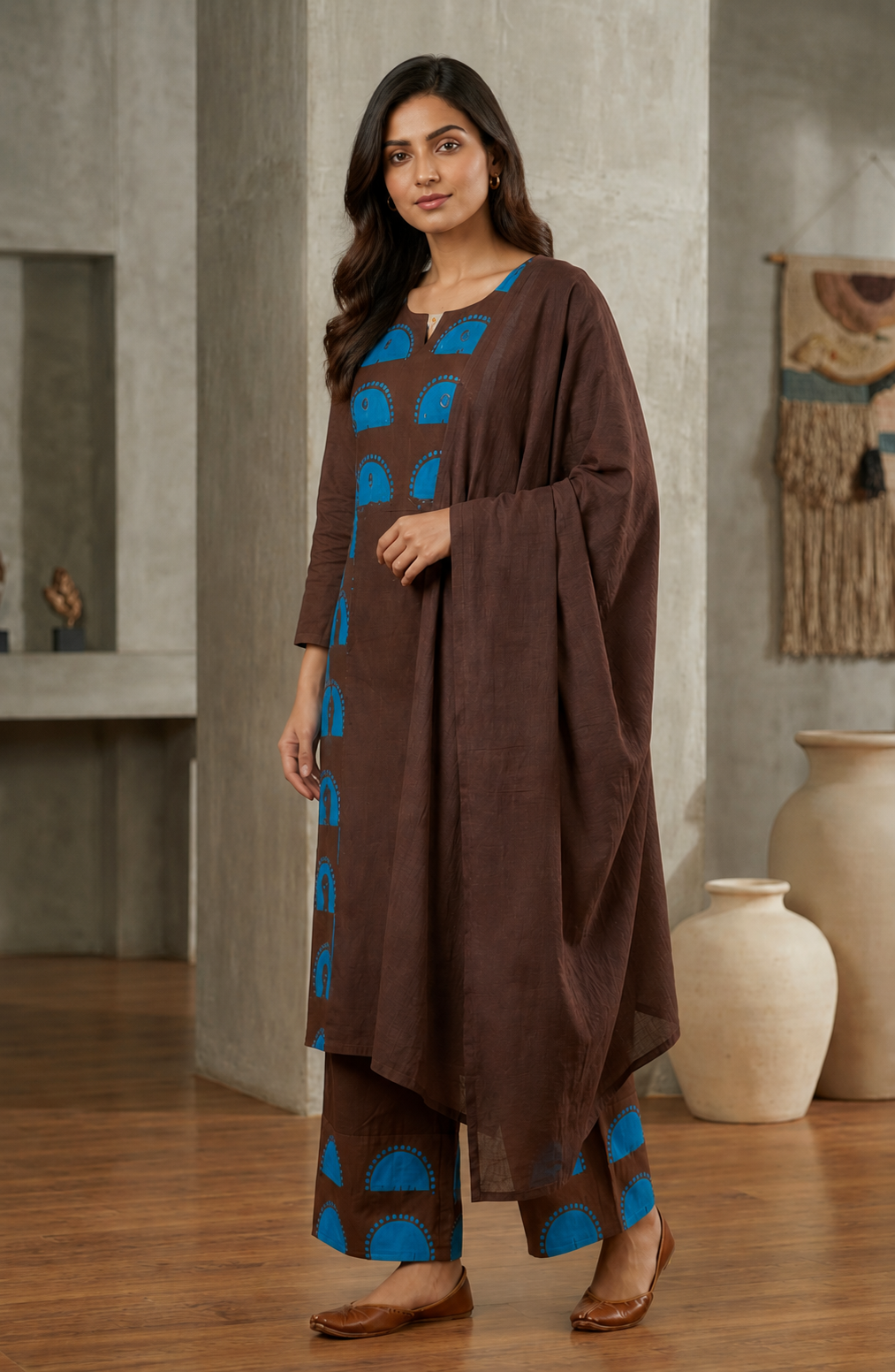 Brown Cotton Block Print Kurta Set with Dupatta | Turquoise Arch & Mirror Work | Ethnic Wear for Women