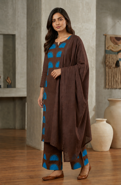 Brown Cotton Block Print Kurta Set with Dupatta | Turquoise Arch & Mirror Work | Ethnic Wear for Women