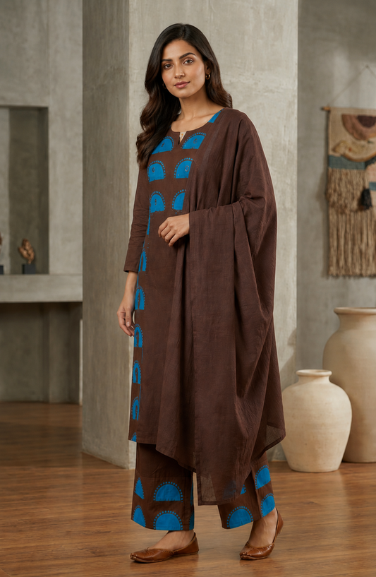 Brown Cotton Block Print Kurta Set with Dupatta | Turquoise Arch & Mirror Work | Ethnic Wear for Women