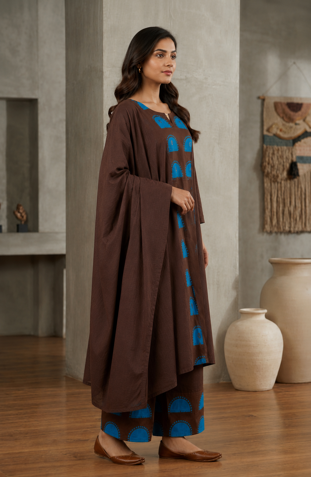 Brown Cotton Block Print Kurta Set with Dupatta | Turquoise Arch & Mirror Work | Ethnic Wear for Women