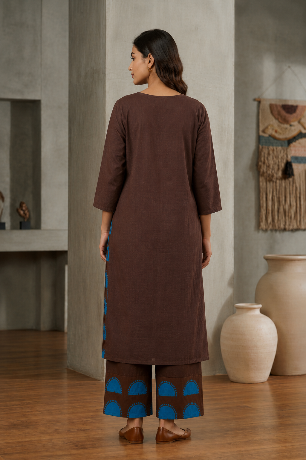 Brown Cotton Block Print Kurta Set with Dupatta | Turquoise Arch & Mirror Work | Ethnic Wear for Women