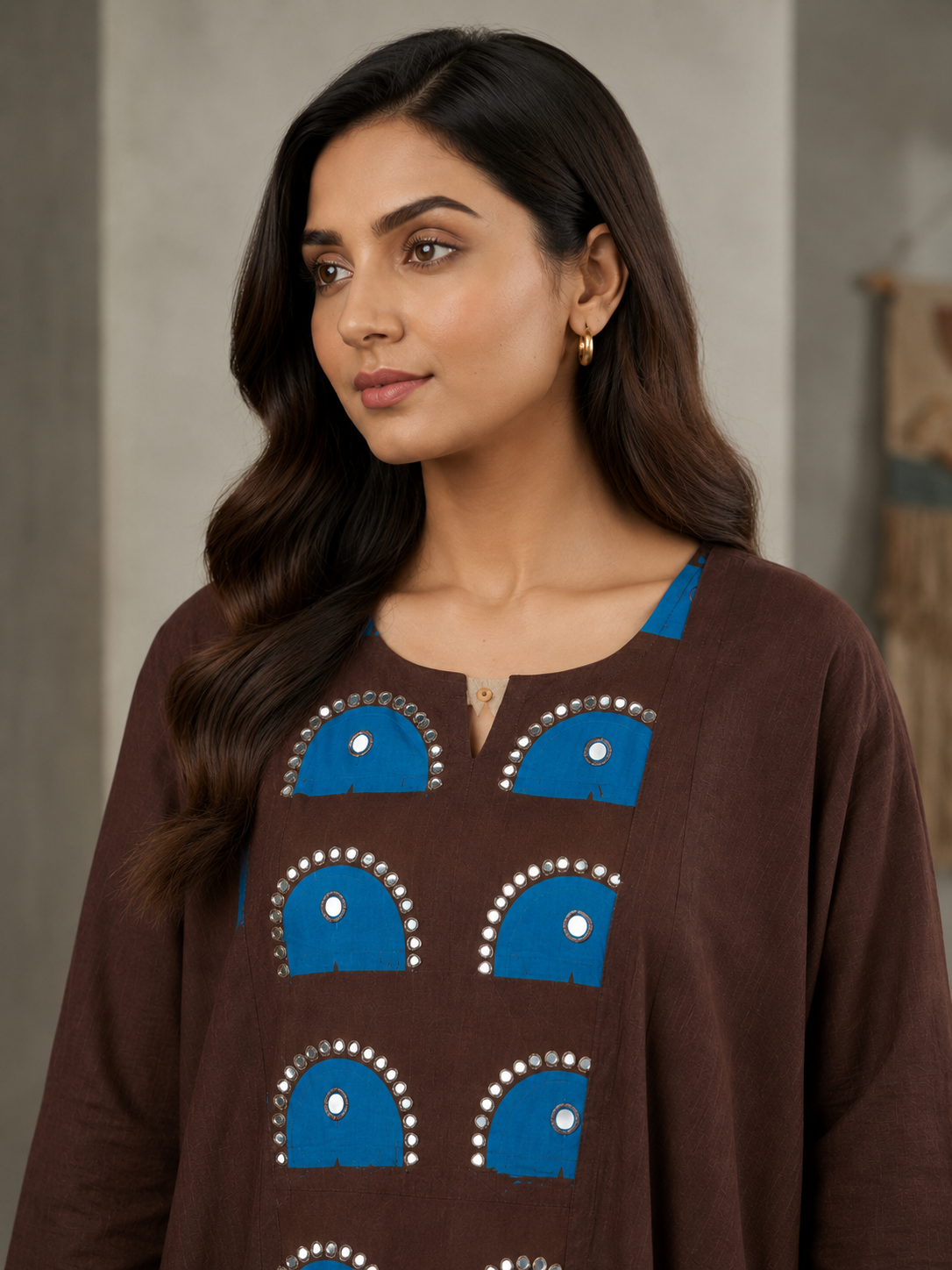 Brown Cotton Block Print Kurta Set with Dupatta | Turquoise Arch & Mirror Work | Ethnic Wear for Women