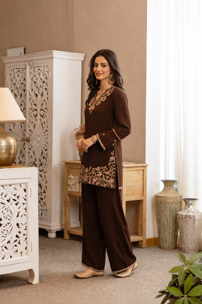 Brown Embroidered Cotton Co-Ord Set with Floral Cutwork Hem"