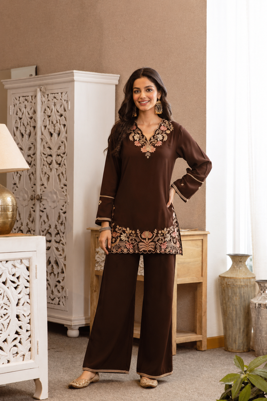 Brown Embroidered Cotton Co-Ord Set with Floral Cutwork Hem"