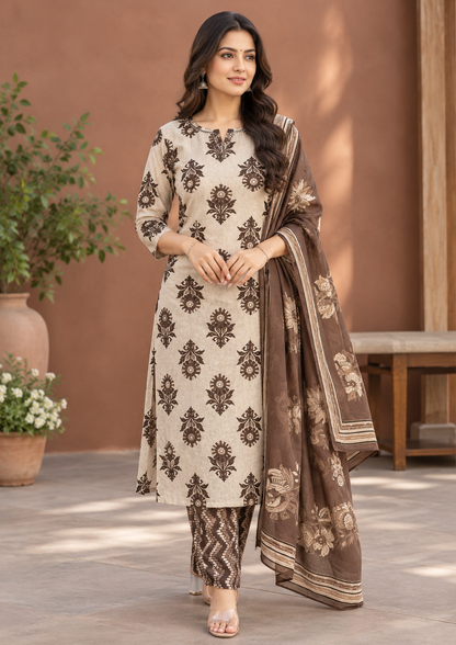 Brown Floral Print Cotton 3-Piece Suit with Mirror & Sequin Work
