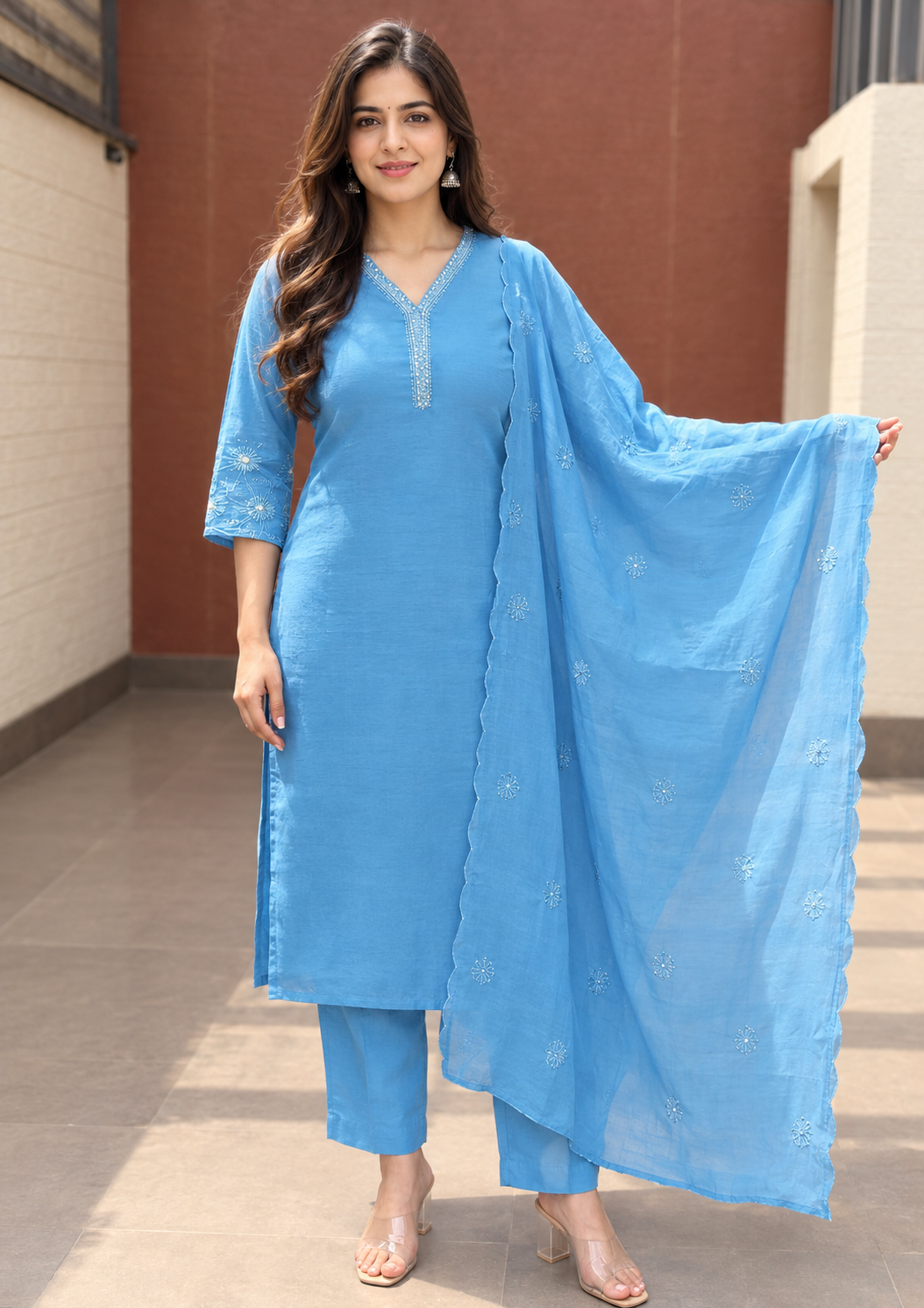 Powder Blue Kurta Pant Set with Embroidered Dupatta | Mul Chanderi 3PC Suit