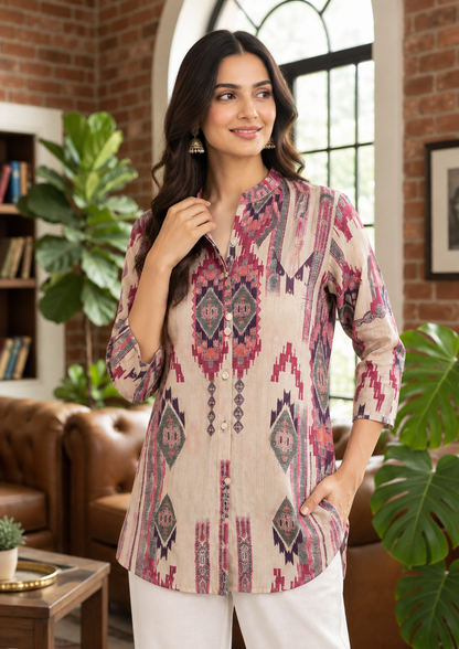 Beige Natural Crepe Shirt Tunic with Mandarin Collar