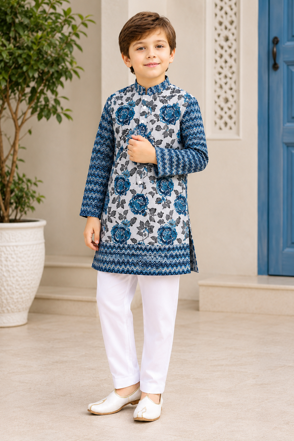 Boys Blue Floral Printed Pure Cotton Kurta with Waistcoat & White Pyjama