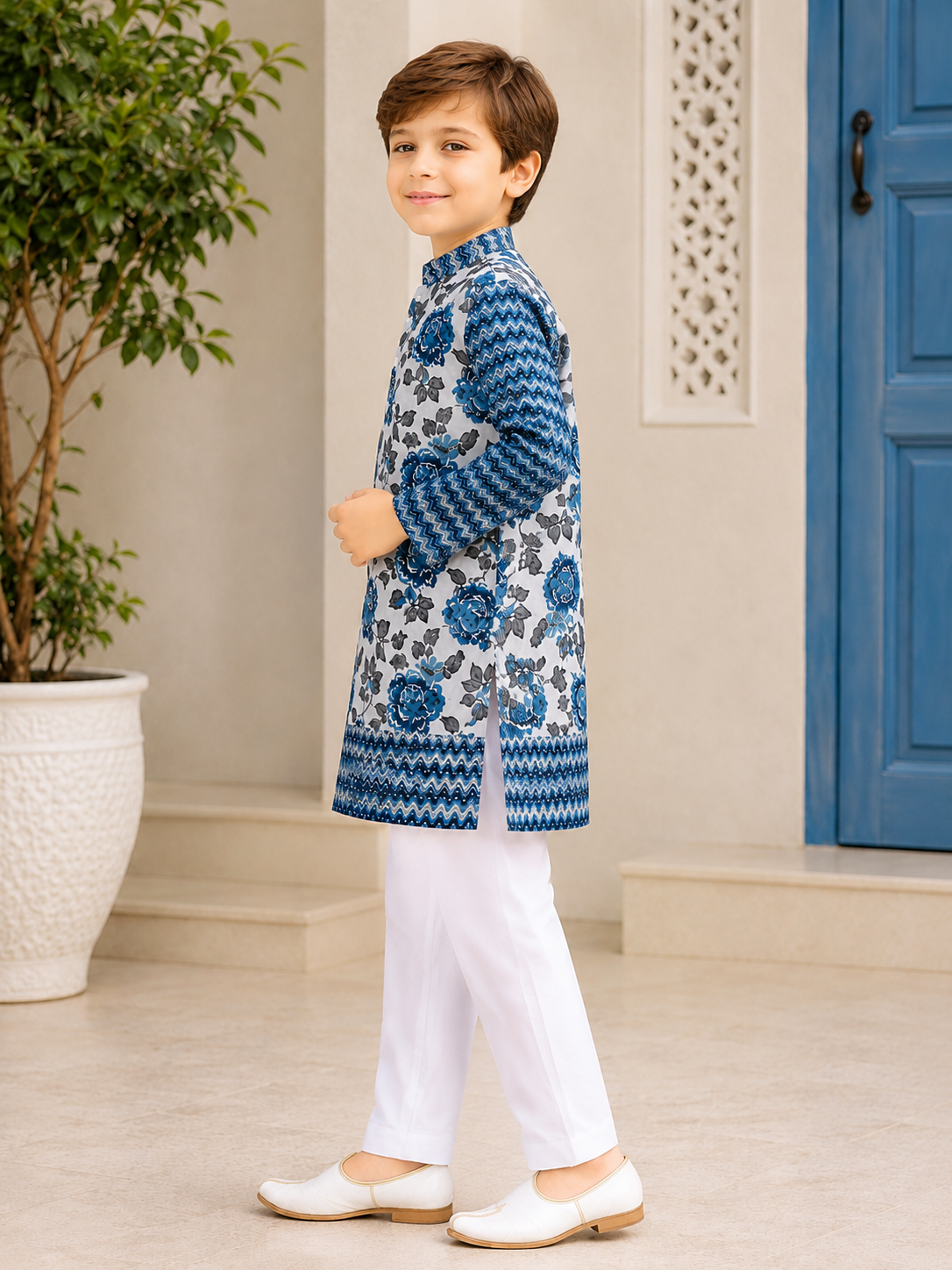Boys Blue Floral Printed Pure Cotton Kurta with Waistcoat & White Pyjama