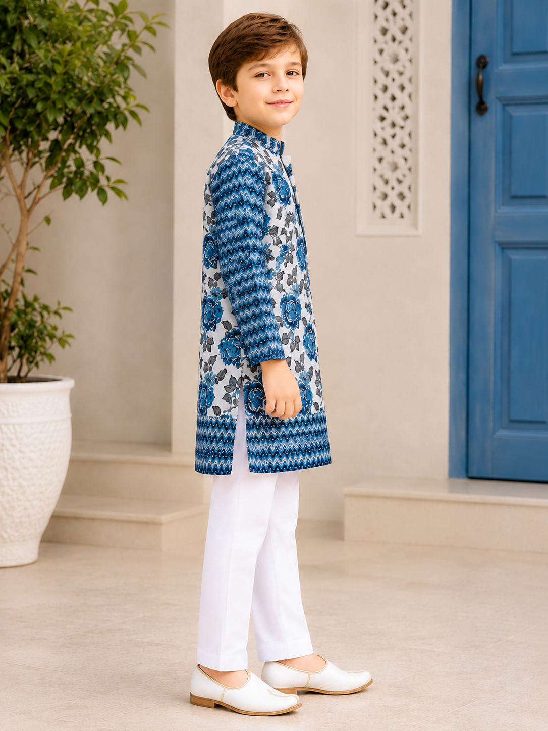 Boys Blue Floral Printed Pure Cotton Kurta with Waistcoat & White Pyjama