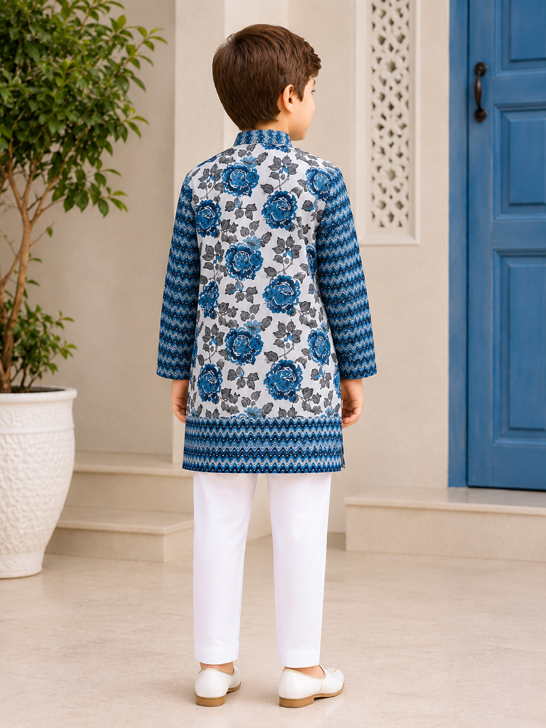 Boys Blue Floral Printed Pure Cotton Kurta with Waistcoat & White Pyjama