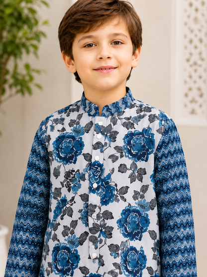 Boys Blue Floral Printed Pure Cotton Kurta with Waistcoat & White Pyjama
