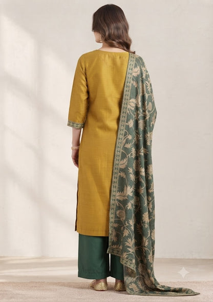Mustard Pure Muslin 3-Piece Kurta Set with Handwork Yoke & Printed Dupatta