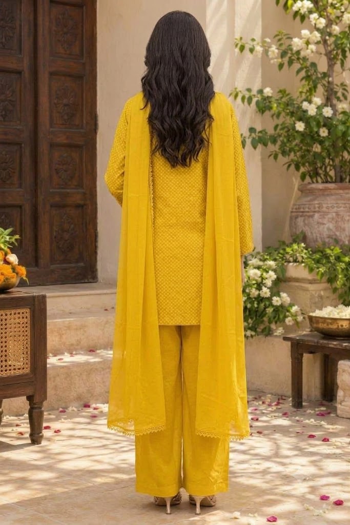 Women's Yellow Bandhani Georgette Kurta Palazzo Set with Embroidered Yoke
