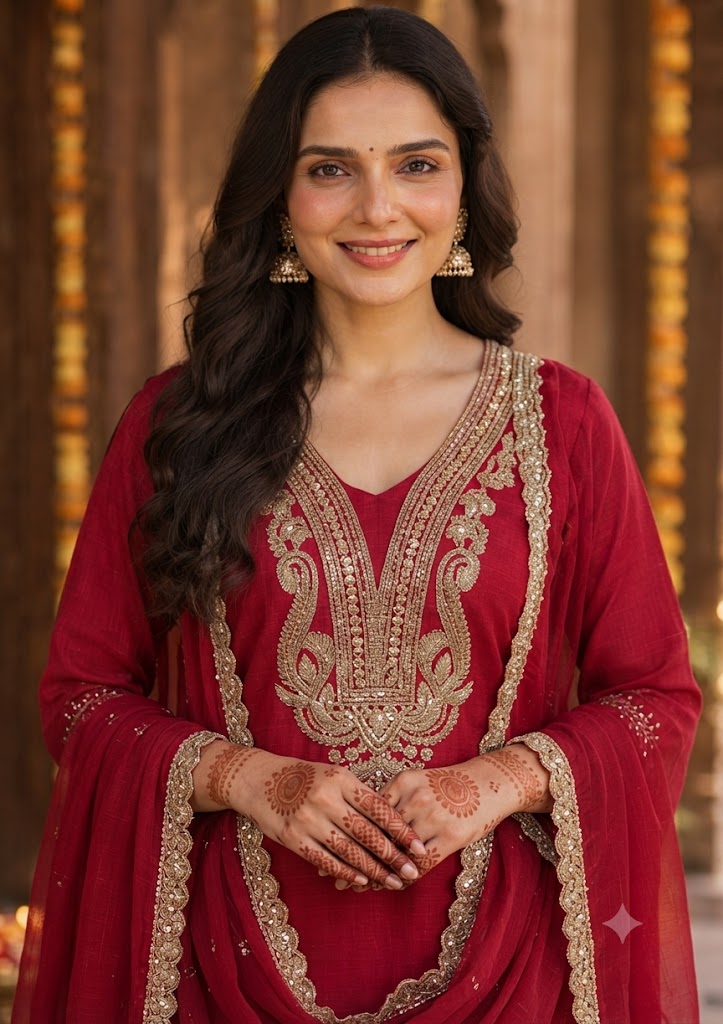 Red Crinkle Chinon 3-Piece Stylish Set with Zari Coding Work Kurta